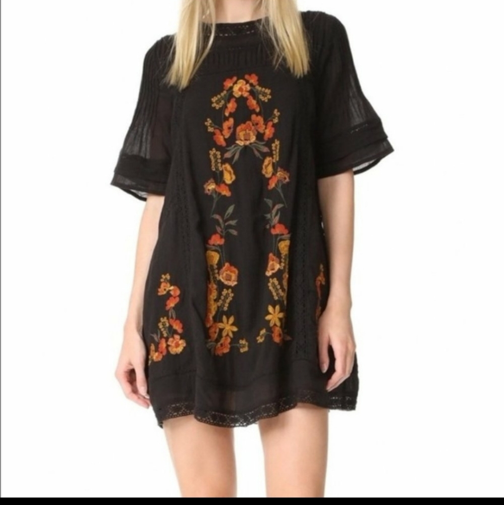 Free People dress black with floral embroidered
